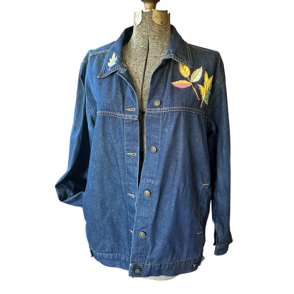 Denim Jacket Silver Threads Embroidered Leaf Jean… - image 2